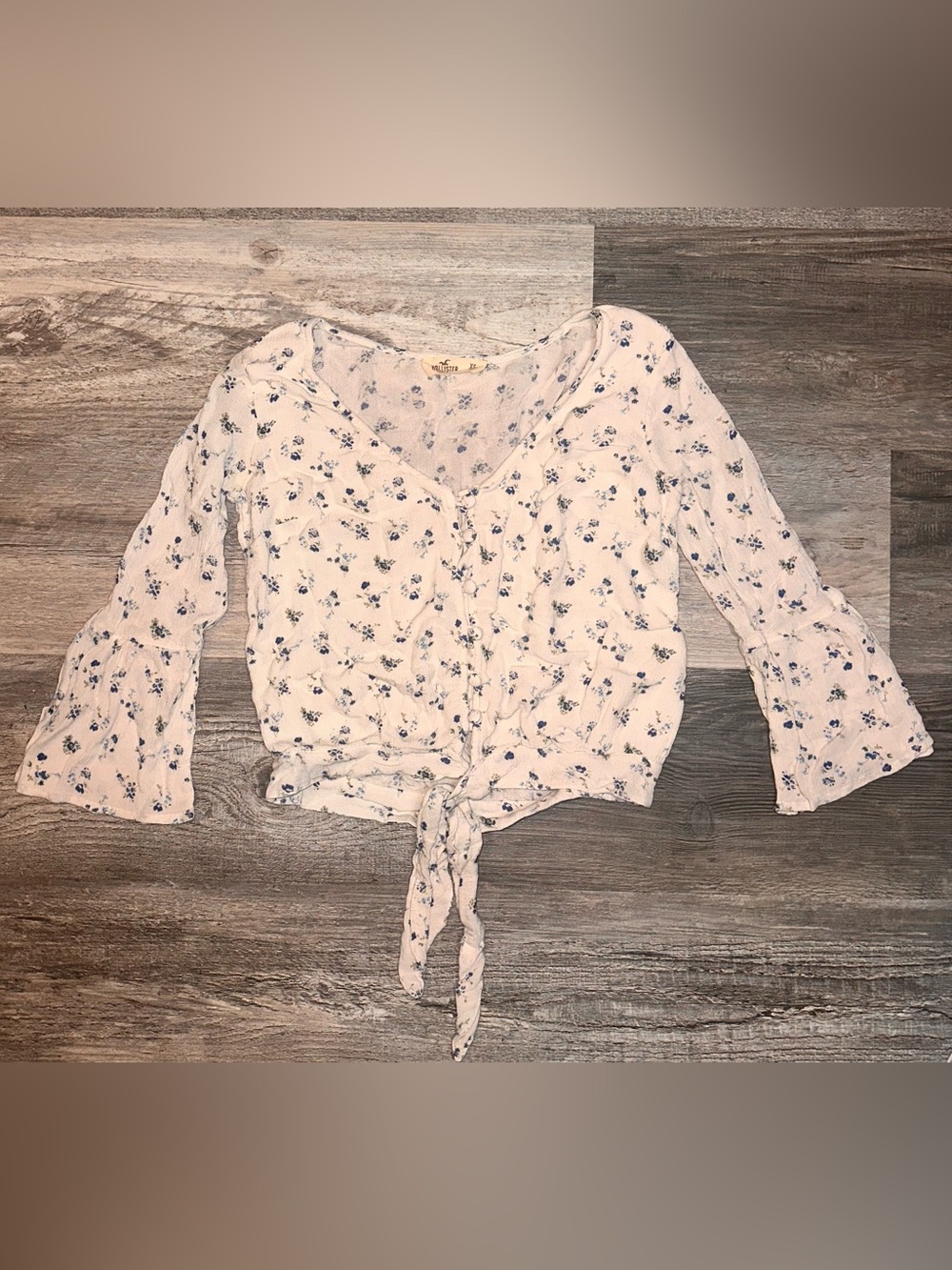 Hollister White Tie-Front Blouse with Blue Florals